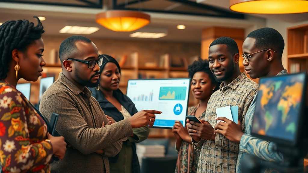 Diverse African community group reviewing AI policy boards, demonstrating engagement in responsible AI and inclusive policies for the future of AI in Africa