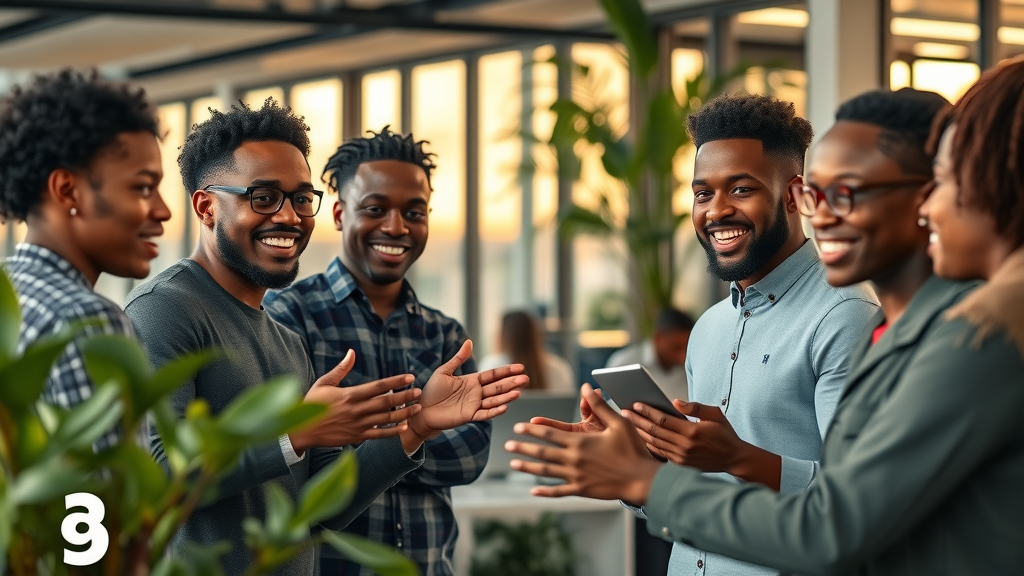 Hopeful group of young African AI developers collaborating in a tech incubator