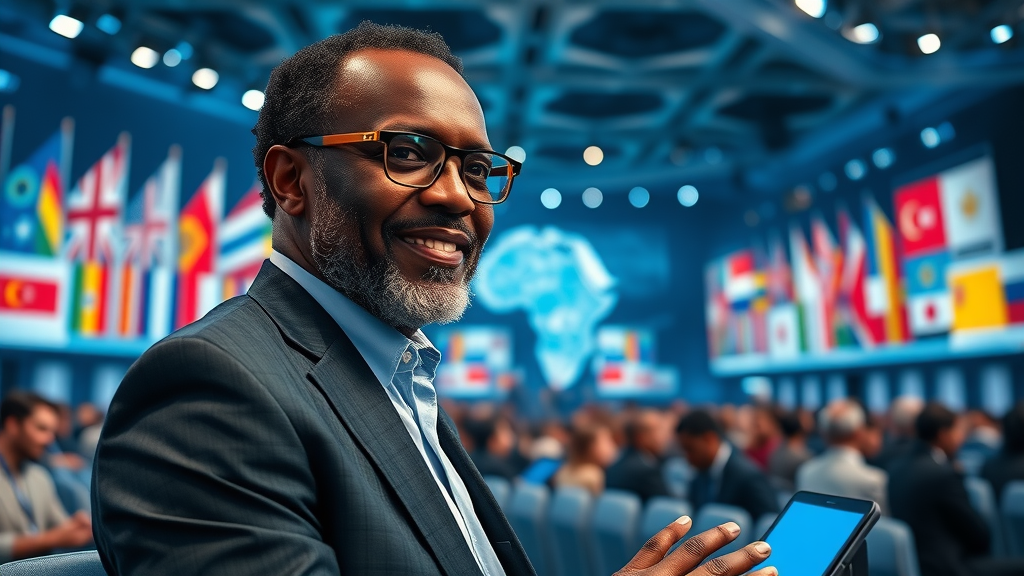 influential African tech leader at a global conference with international AI experts and dynamic digital displays