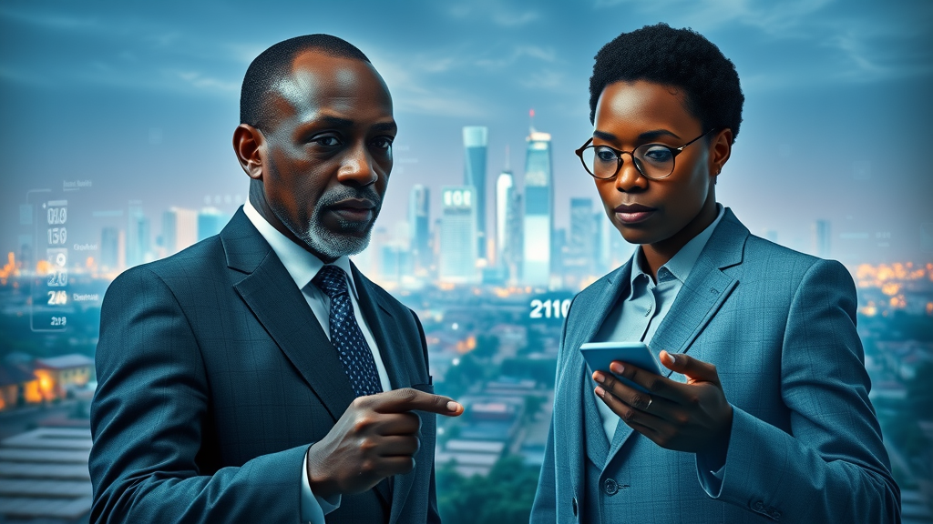 Visionary African government leaders analyzing smart city data and AI solutions across rural and urban sectors