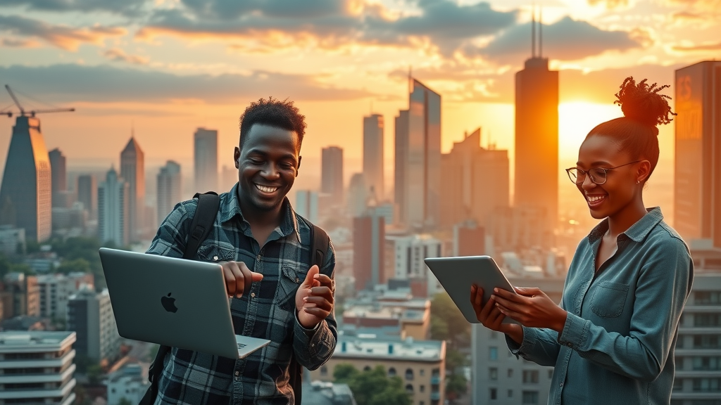 AI innovation Africa dynamic bustling African city skyline at sunrise, smiling young tech professionals collaborating with laptops and digital devices, modern urban landscape with startup offices and digital billboards.