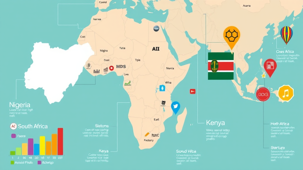 Comparative infographic, map highlighting Nigeria, South Africa, Kenya as AI startup leaders in Africa