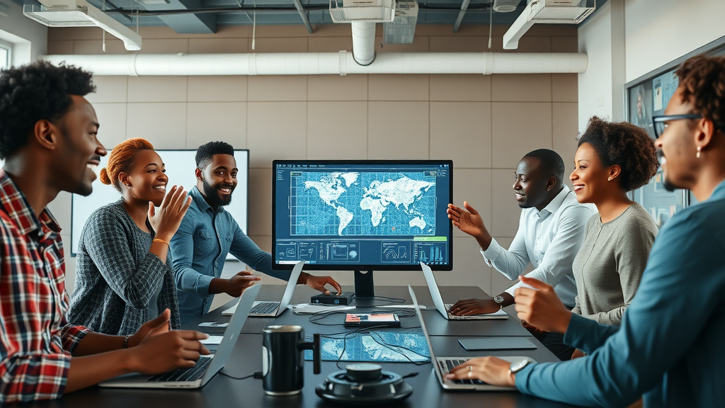 African AI startup team celebrates generative AI model deployment in an advanced workspace, illustrating innovation in Africa.