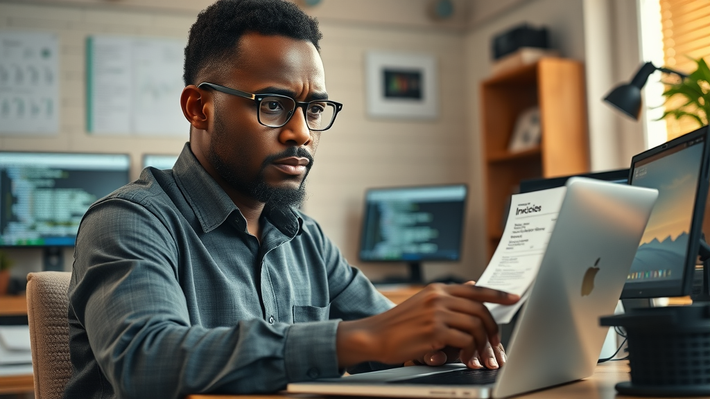 African fintech entrepreneur faces rising AI hardware costs while reviewing invoices in a tech office, symbolizing price hikes due to the hardware arms race.