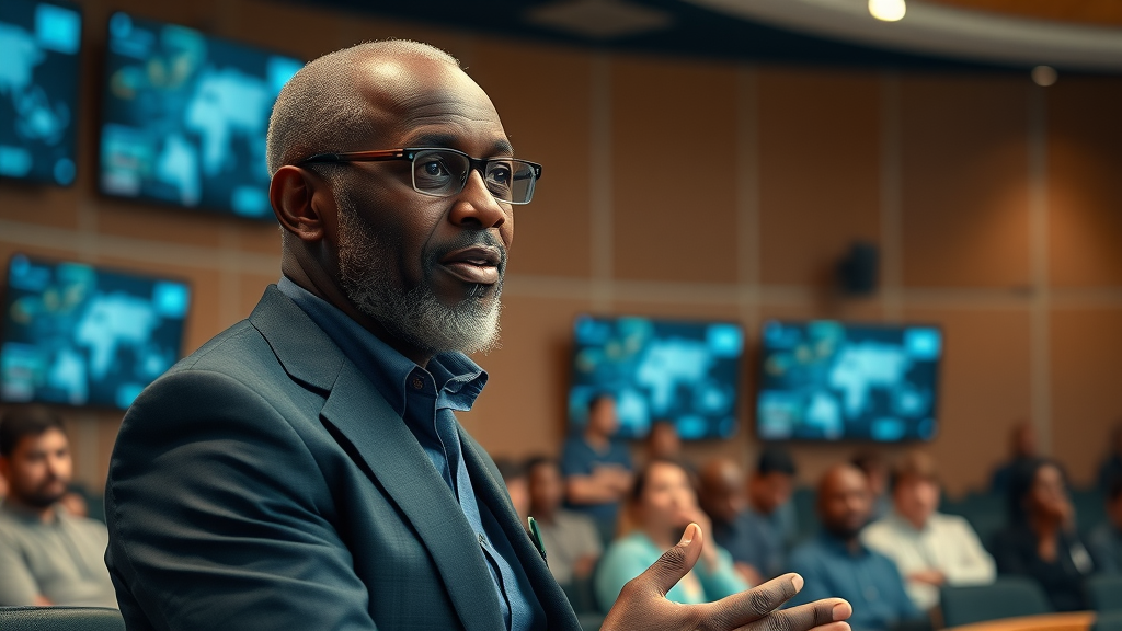 African technology expert addresses AI chip access at a university, highlighting the need for democratized technology in Africa’s AI revolution.