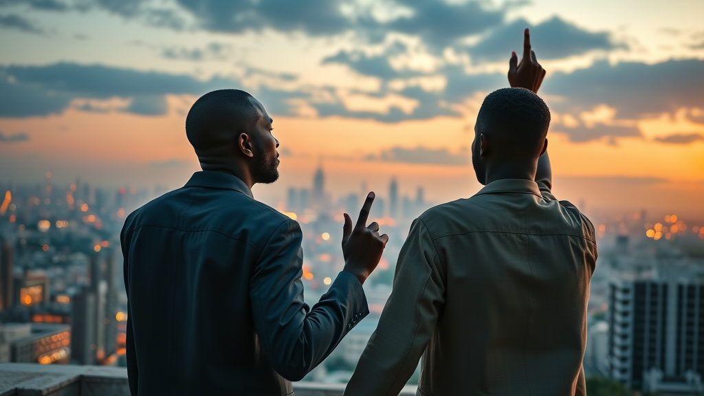 Hopeful African entrepreneurs survey a city’s AI infrastructure at dusk, envisioning Africa’s digital future.