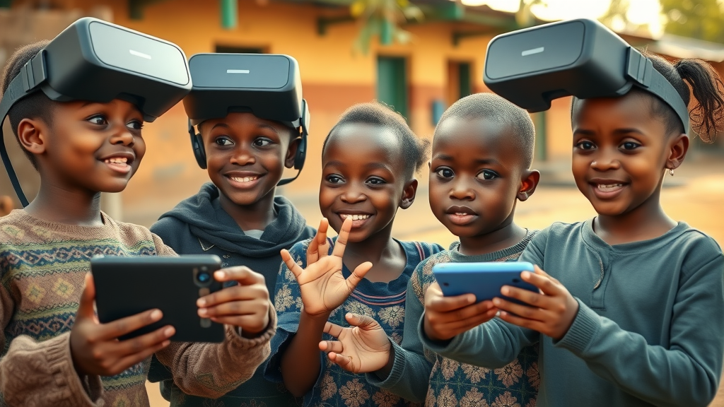 Inspiring young African students experiencing virtual reality education for kids in Africa, vibrant schoolyard, children interacting with VR content, natural morning light.