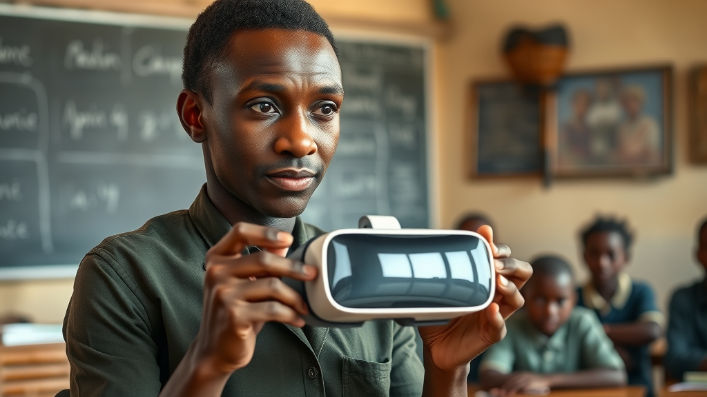 Thoughtful African teacher considering a VR headset, modest classroom, virtual reality education for kids in Africa.