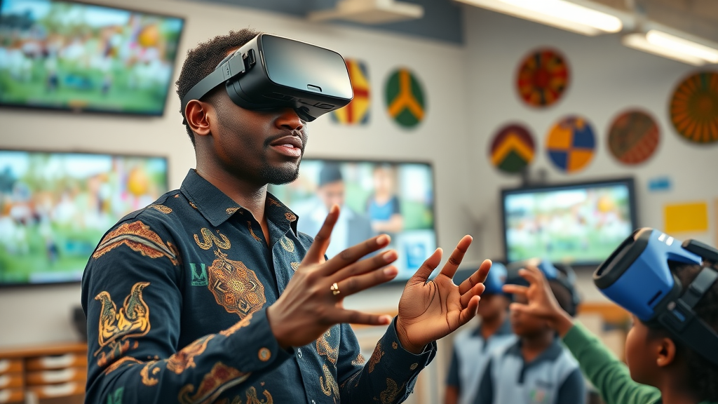 Visionary Ugandan VR entrepreneur presenting VR educational content to school children, modern classroom, virtual reality education for kids in Africa.