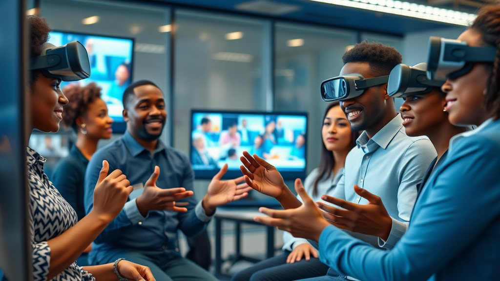 Collaborative African educators reviewing virtual reality curriculum materials for students, modern setting, virtual reality education for kids in Africa.
