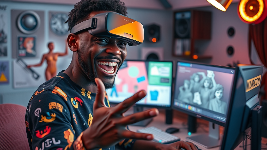 Creative African digital artist developing VR educational content for students, studio with VR equipment, virtual reality education for kids in Africa.