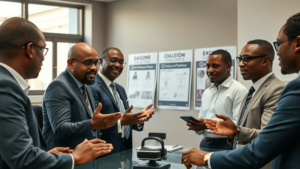 African policymakers and innovators planning VR education pilots, collaborative workspace, virtual reality education for kids in Africa.