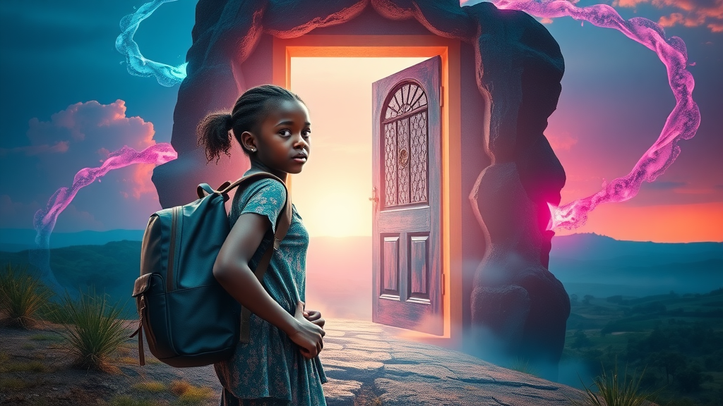 Determined young African girl stepping into a digital doorway to limitless educational opportunities, symbolising the future of virtual reality education for kids in Africa.