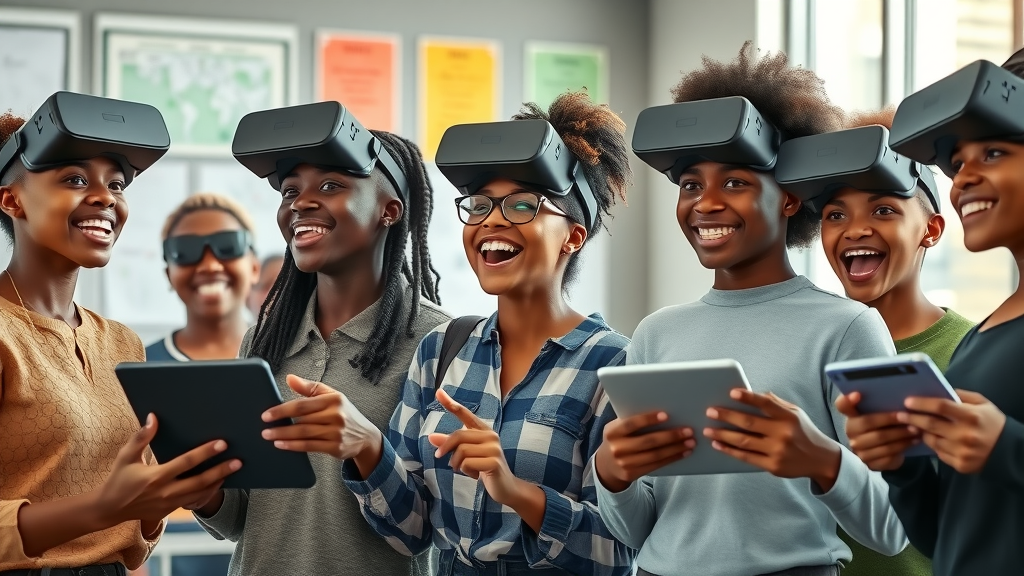 Vibrant group of African youth, excited expressions, interacting with futuristic VR headsets and tablets, modern classroom environment, digital skills in Africa