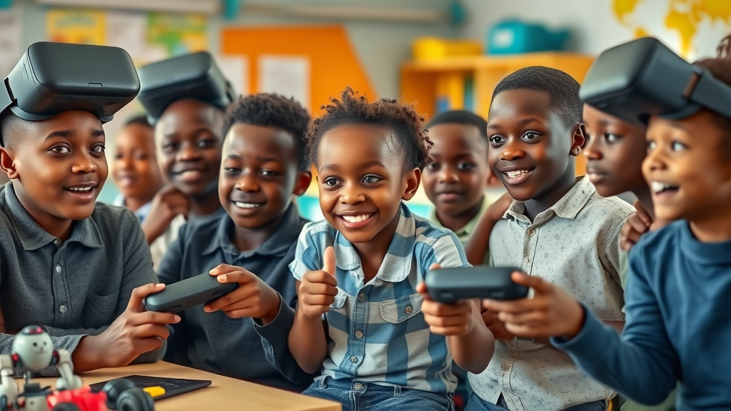 Engaged classroom of African students experimenting with VR and coding robots, digital skills in Africa, VR sparks digital skills in Uganda, East Africa