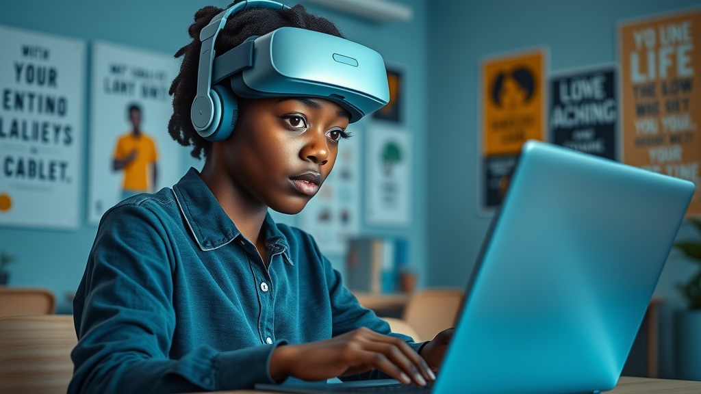 Inspiring portrait of a teenage African girl developing a mobile app with VR headset nearby, digital skills in Africa, next generation will code, not copy