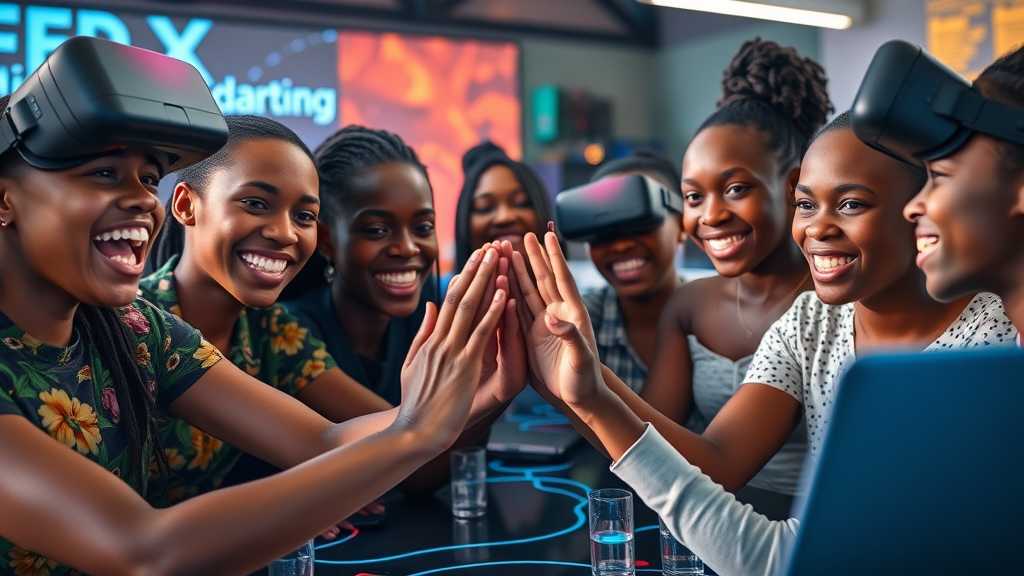 Joyful group of girls in Uganda, inspired, participating in a VR coding bootcamp, digital skills in Africa, next generation coding