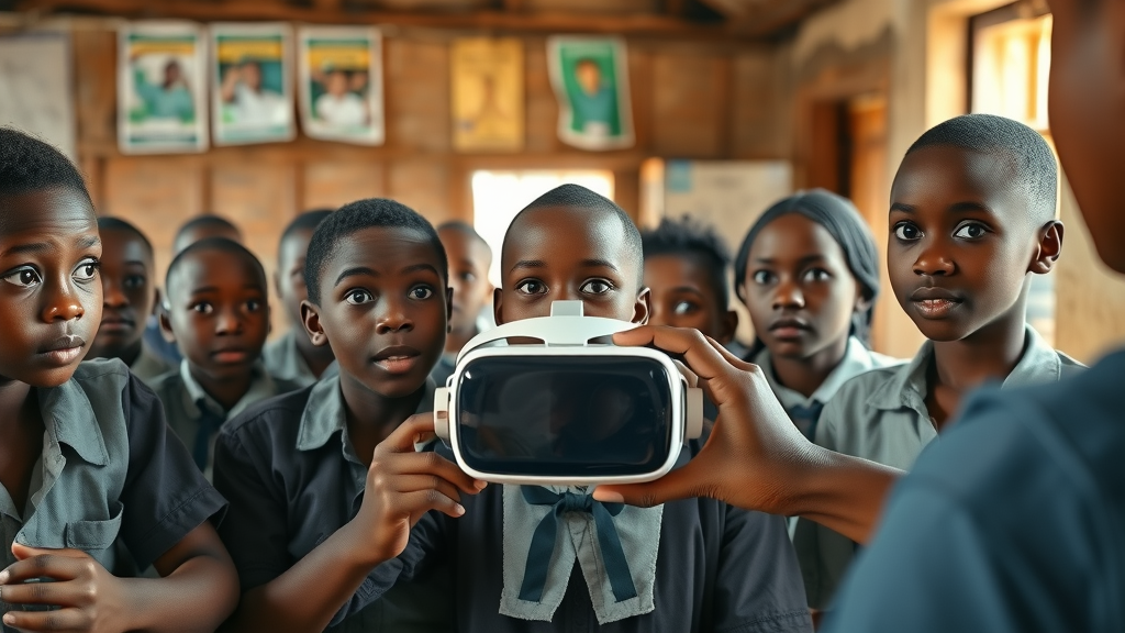 Hopeful Ugandan students in a modest rural school, curious and attentive as a teacher introduces a VR headset. Soft daylight, clay-and-brick walls, faded posters, and clean uniforms. Main keyword: set around a remote Ugandan school with no science lab.