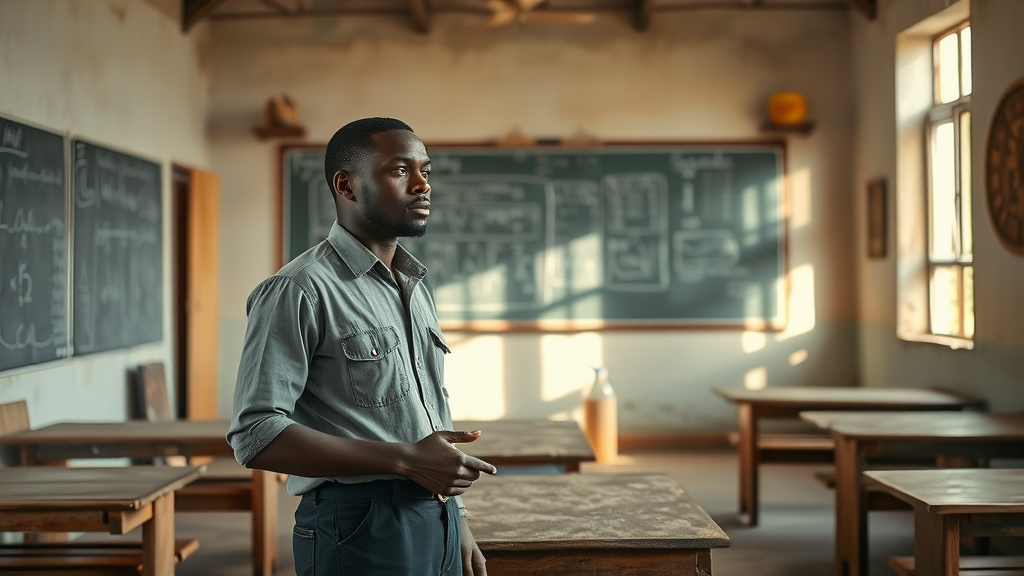 Thoughtful Ugandan teacher demonstrating determination in front of an empty science lab space, gesturing at makeshift supplies in a weathered classroom. Main keyword: set around a remote Ugandan school with no science lab.