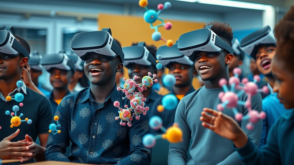 Inspired Ugandan students wearing VR headsets, their faces glowing with amazement as animated models and virtual museum exhibits surround them. Main keyword: set around a remote Ugandan school with no science lab.