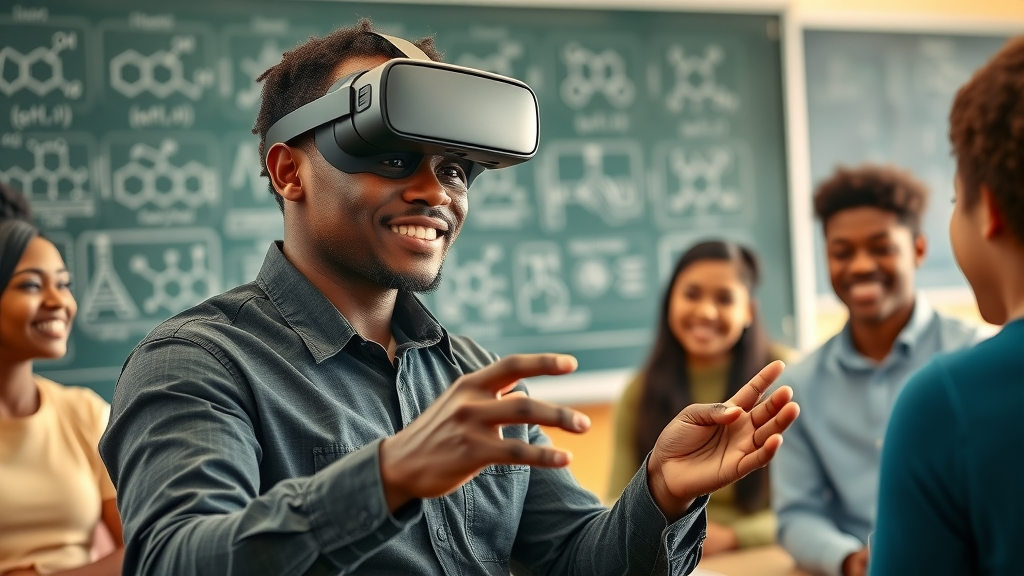 Forward-thinking African educator demonstrating VR science equipment, teaching diverse students with digital chemistry diagrams on the blackboard. Main keyword: set around a remote Ugandan school with no science lab.