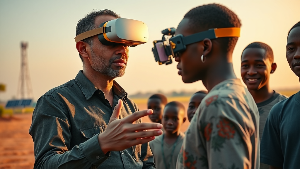 Compassionate technology leader presenting an accessible VR kit to eager African students in a remote village, with satellite tower and solar panels visible. Main keyword: set around a remote Ugandan school with no science lab.