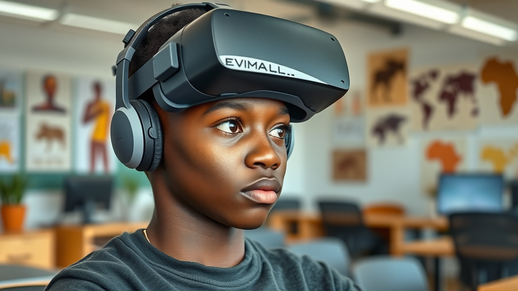 African student wearing VR headset, exploring a digital environment – virtual environment, VR classroom, confidence-building