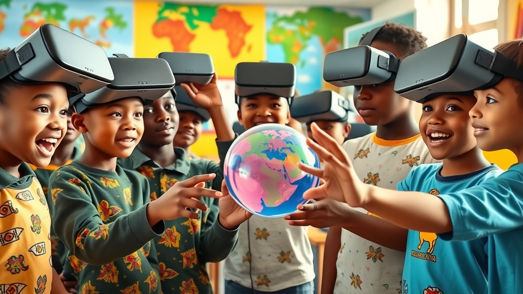 African children experimenting with VR headsets in a colourful classroom – VR learning, student curiosity, traditional African classroom