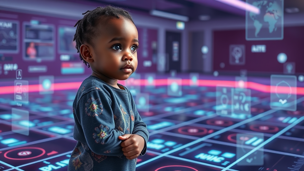 African child on digital tiles, learning with VR and holograms – virtual real, African educational technology