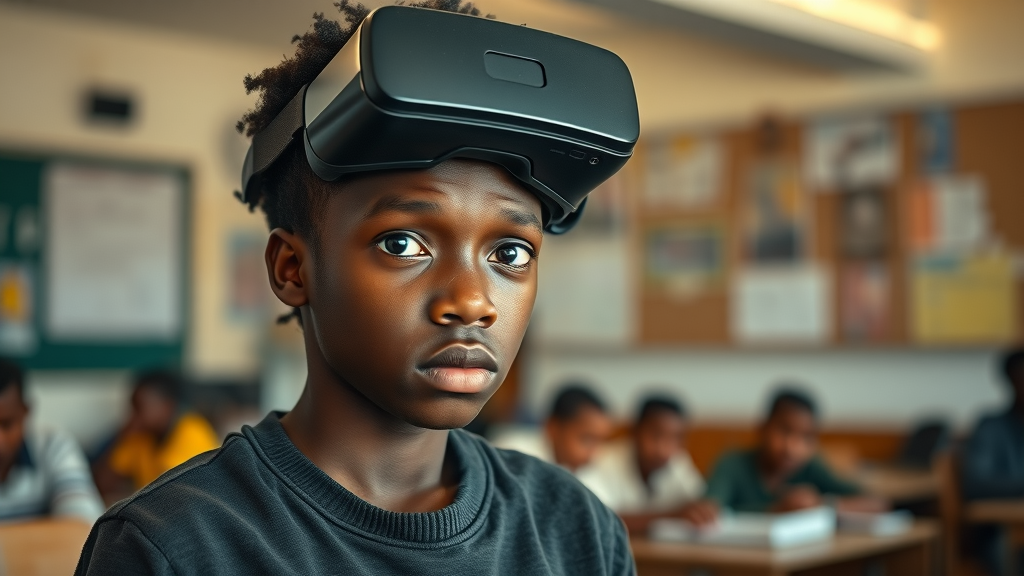African preteen hesitating before using a VR headset – student anxiety, VR learning, overcoming fear