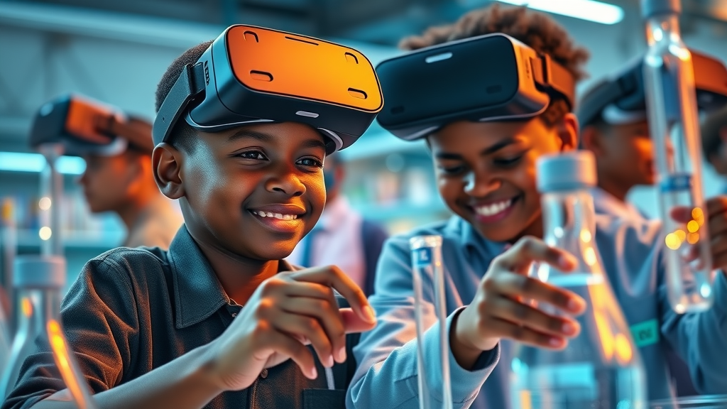 Engaged African students conducting experiments in VR – virtual lab, resilience through fail-safe learning, VR simulation