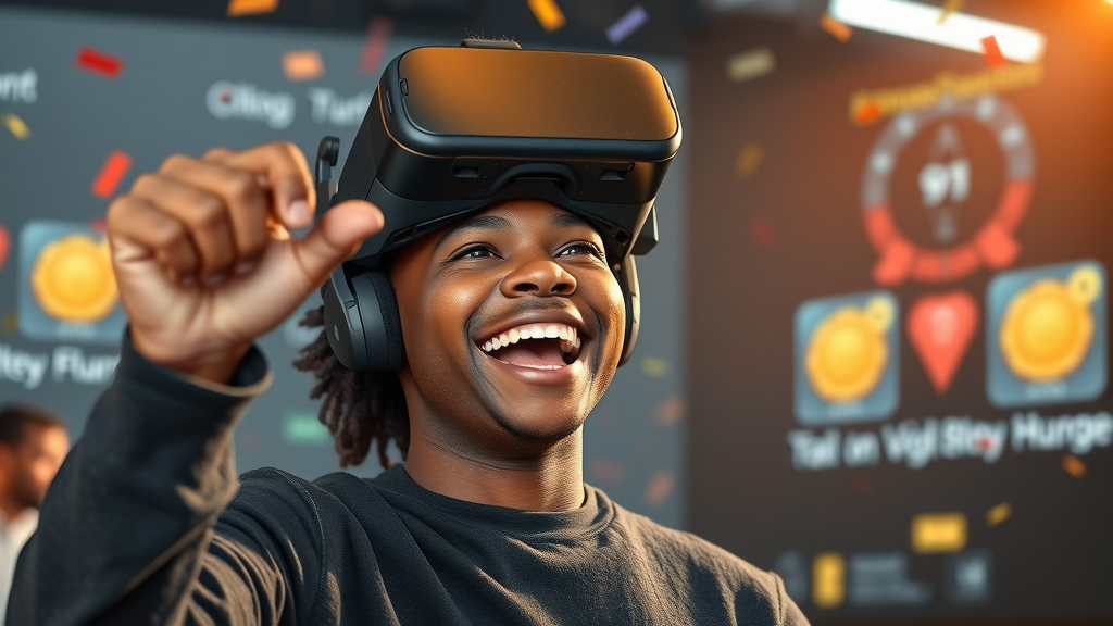 African student celebrating success and resilience after failing in VR – learning victory, virtual environment, personal growth