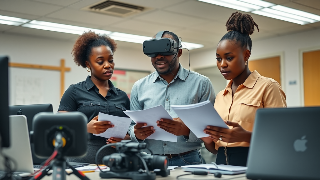 African teachers and students evaluating costs of VR devices – budget planning, VR access, technology in schools