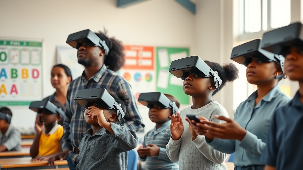 optimistic Ugandan parents amazed and attentive watching children use VR headsets in a contemporary classroom with educational posters