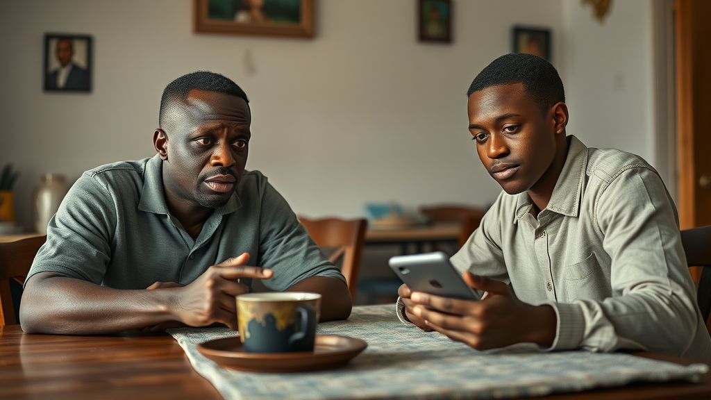 thoughtful Ugandan parents skeptical discussing technology at home in Uganda