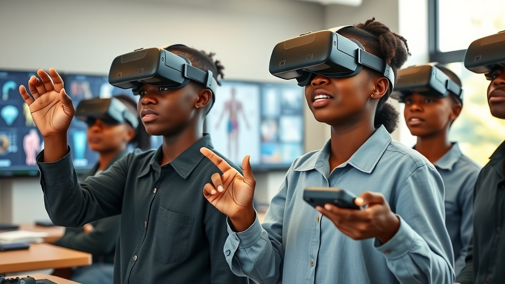 enthusiastic Ugandan students engaged with VR headsets, learning scientific models in a vibrant classroom