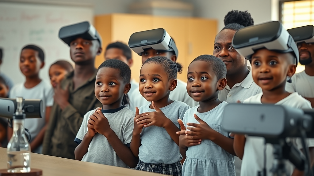 Ugandan parents and children experiencing emotional transition from curiosity to pride during a school VR demonstration