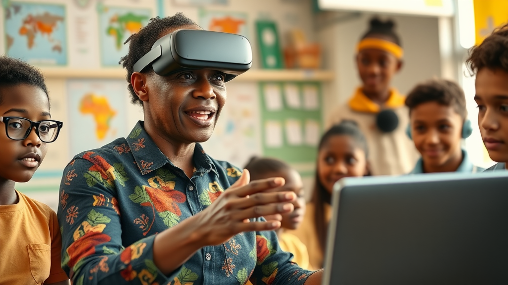 inspirational African teacher guiding students through a VR science lesson, classroom brimming with learning technology