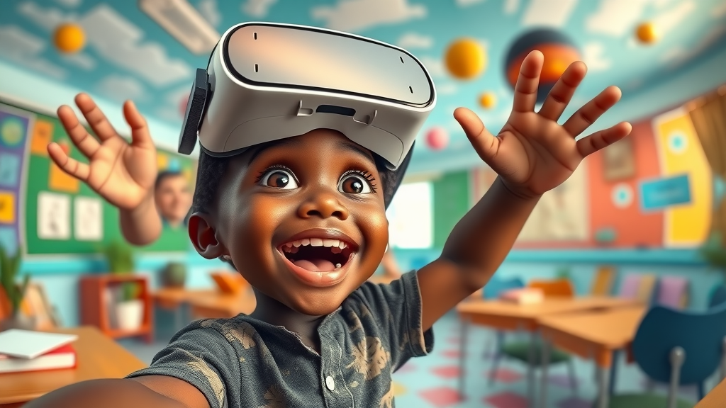 joyful Ugandan child in VR headset, classroom transformed into imaginative VR landscape