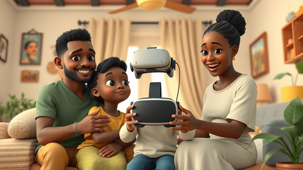 progressive Ugandan family with a child sharing VR headset in a cozy, decorated home
