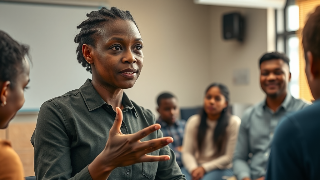thoughtful African teacher addressing Ugandan parents