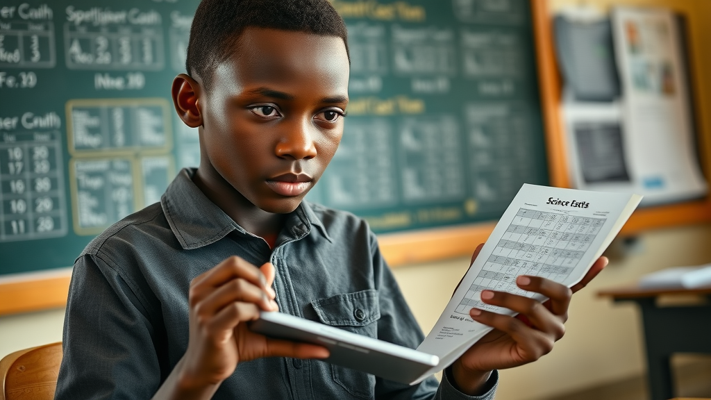 analytical Ugandan student comparing results from science tests using traditional and VR methods in a classroom