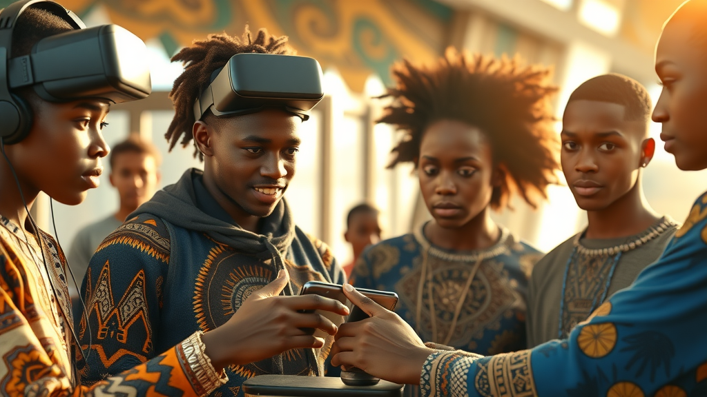 inspiring African youth building digital models collaboratively with VR in a futuristic, high-tech yet culturally inspired learning space