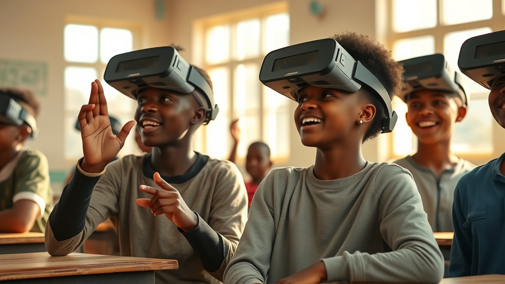 Hopeful African students with VR headsets in sunlit classroom - VR education in Africa, equal access to digital resources