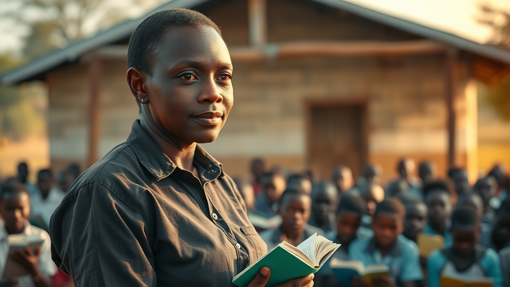 Reflective Ugandan teacher in crowded rural classroom - scarcity of learning resources, hope for VR solutions
