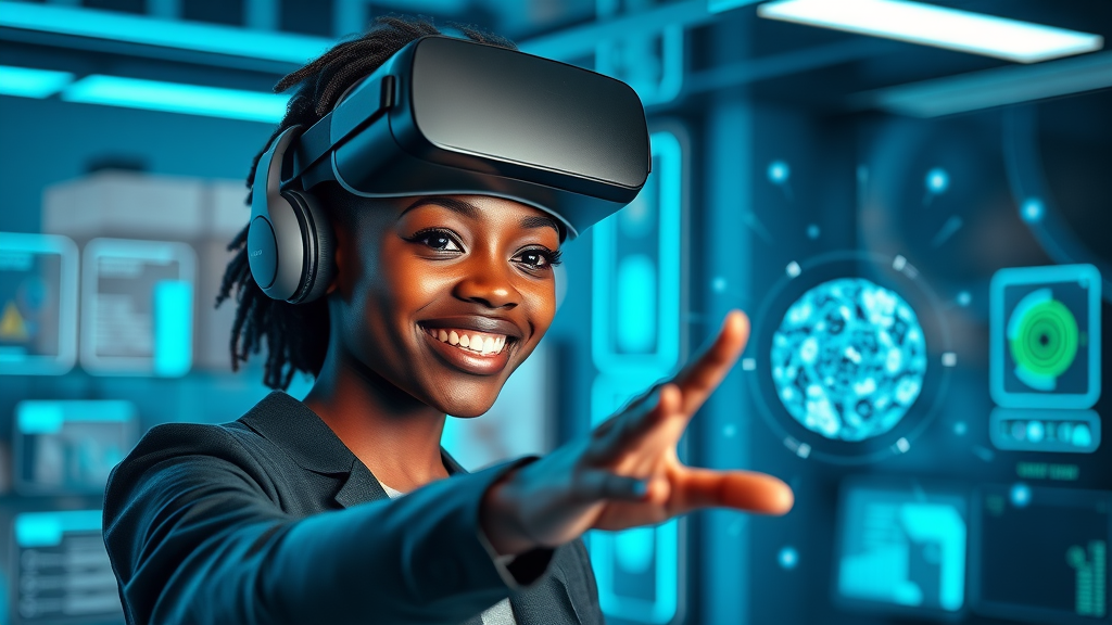 Inspired African girl using VR to explore a virtual lab - VR as educational equalizer in Africa
