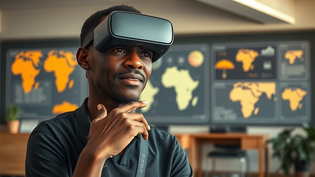 Thoughtful African educator in digital classroom - Human-centered AI and VR in education, cultural overlay