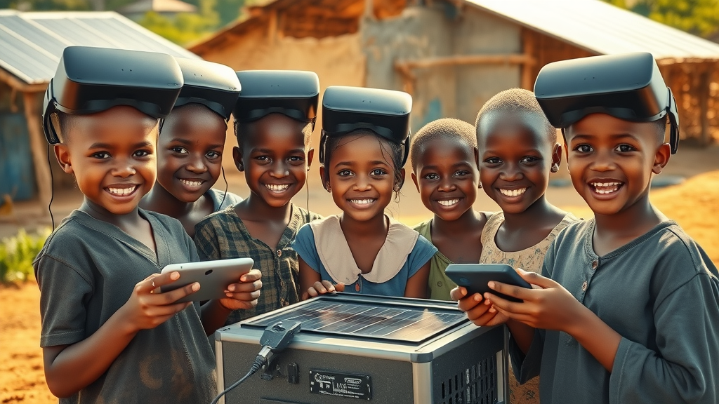 Resourceful African students charging VR headsets at solar-powered station - bridging the digital divide in rural education