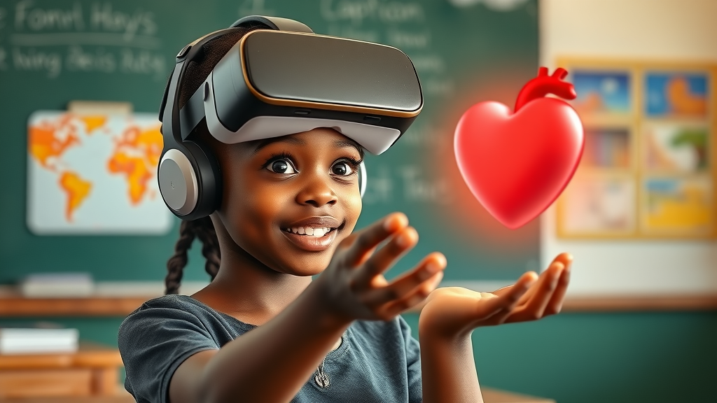 Hopeful shy African schoolgirl using VR headset, reaching for 3D digital heart in biology lesson, playful science education in Africa