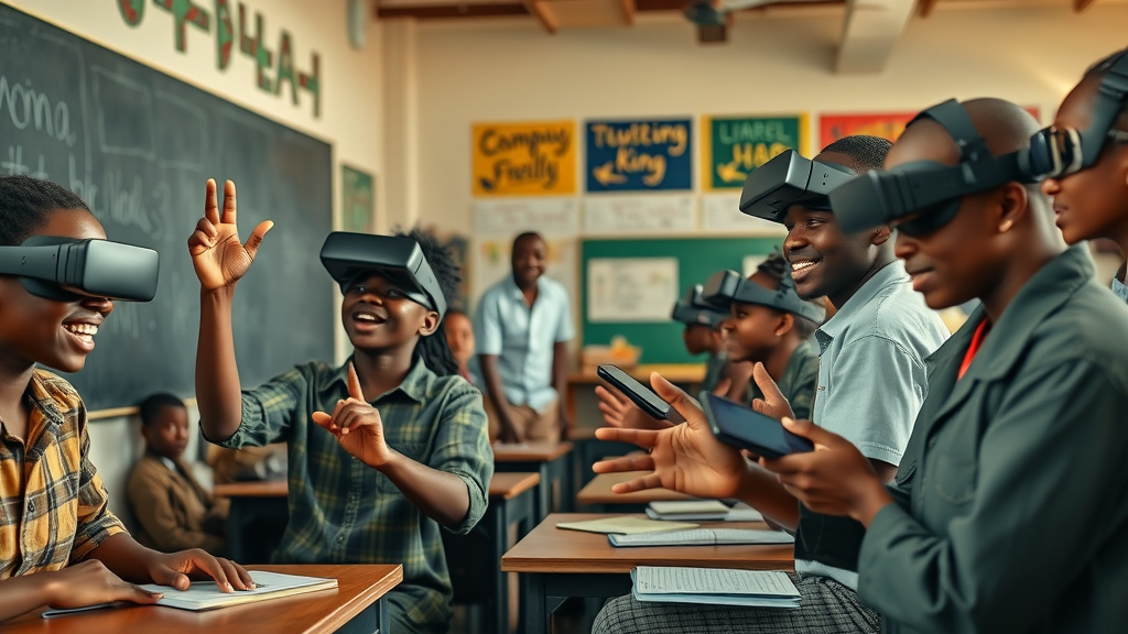 African classroom students transitioning from chalkboards to immersive VR science labs, science learning revolution in Africa